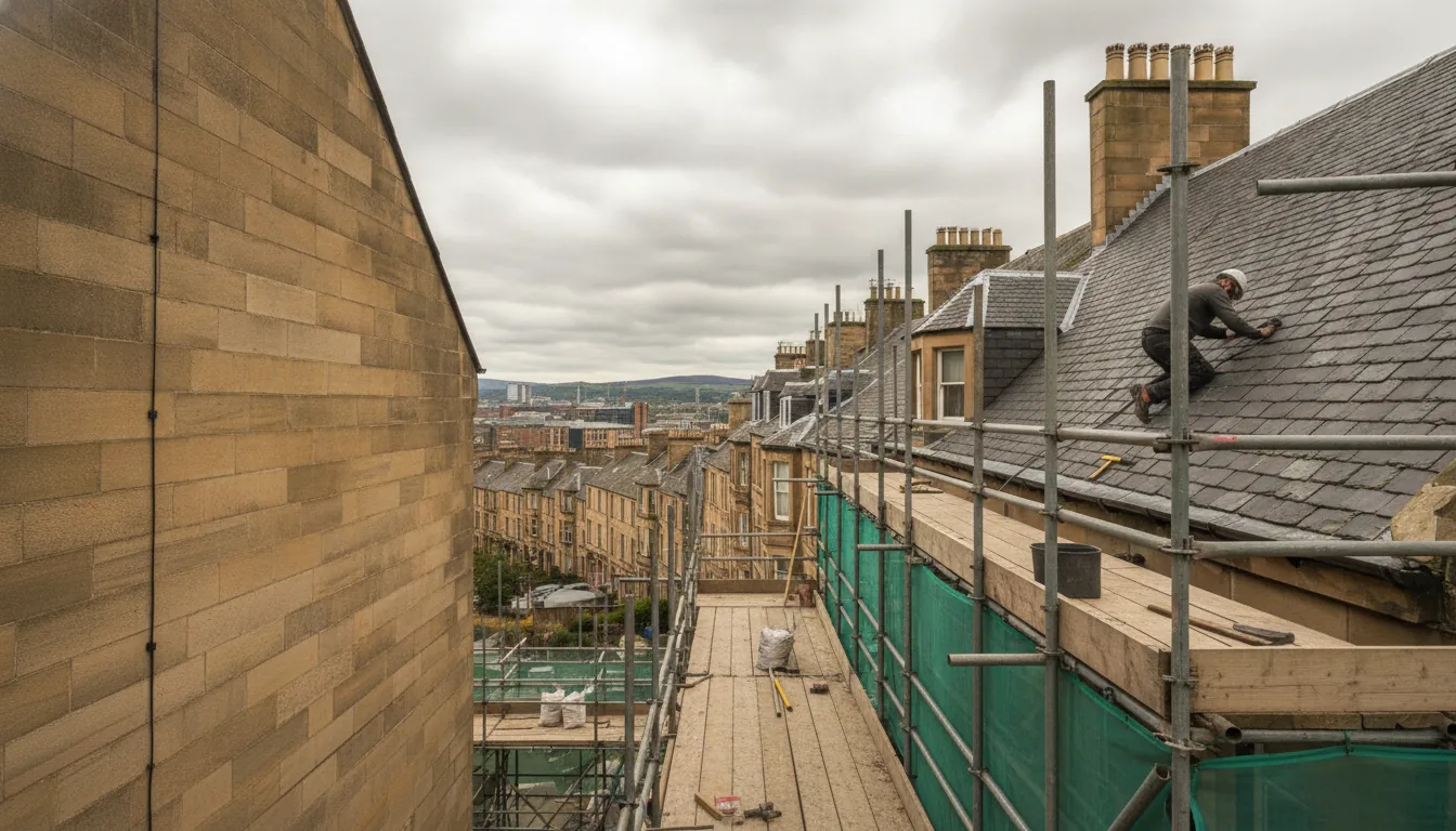 Roofer SEO Glasgow — roofer on Glasgow terraced house